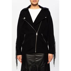 AllSaints Robyn Fringe Moto Biker Jacket 100% Merino Wool Black Size Large